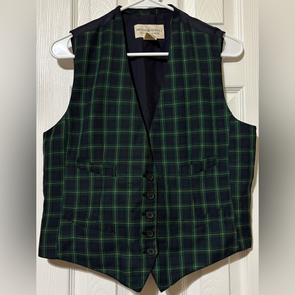 Denim Supply Ralph Lauren Green Plaid Waistcoat Button Sleeveless Vest Large